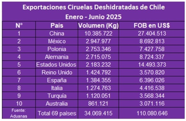 Chile exporta US$ 110 millones de ciruela deshidratada en el primer semestre de 2025
