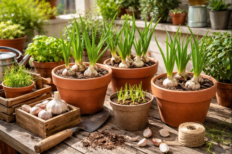 ajos en macetas
