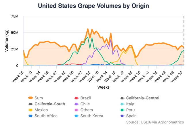 Las importaciones de uva de mesa en Estados Unidos continúan su tendencia al alza
