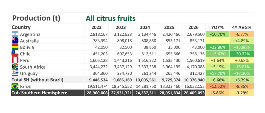 Producción de cítricos del hemisferio sur caería 5,86% en 2026, mientras exportaciones seguirían al alza
