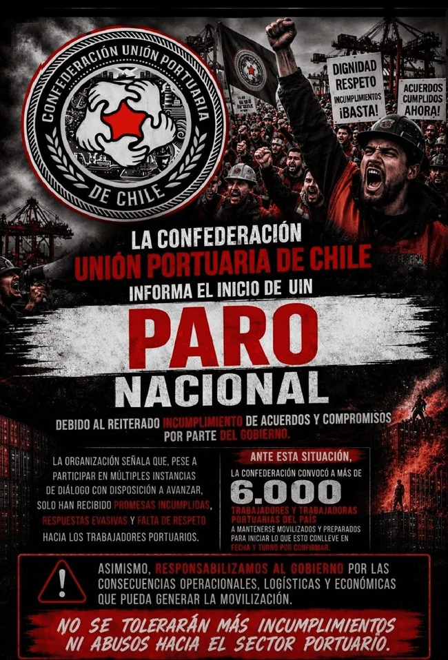 Unión Portuaria de Chile anuncia paro nacional por incumplimientos del Estado